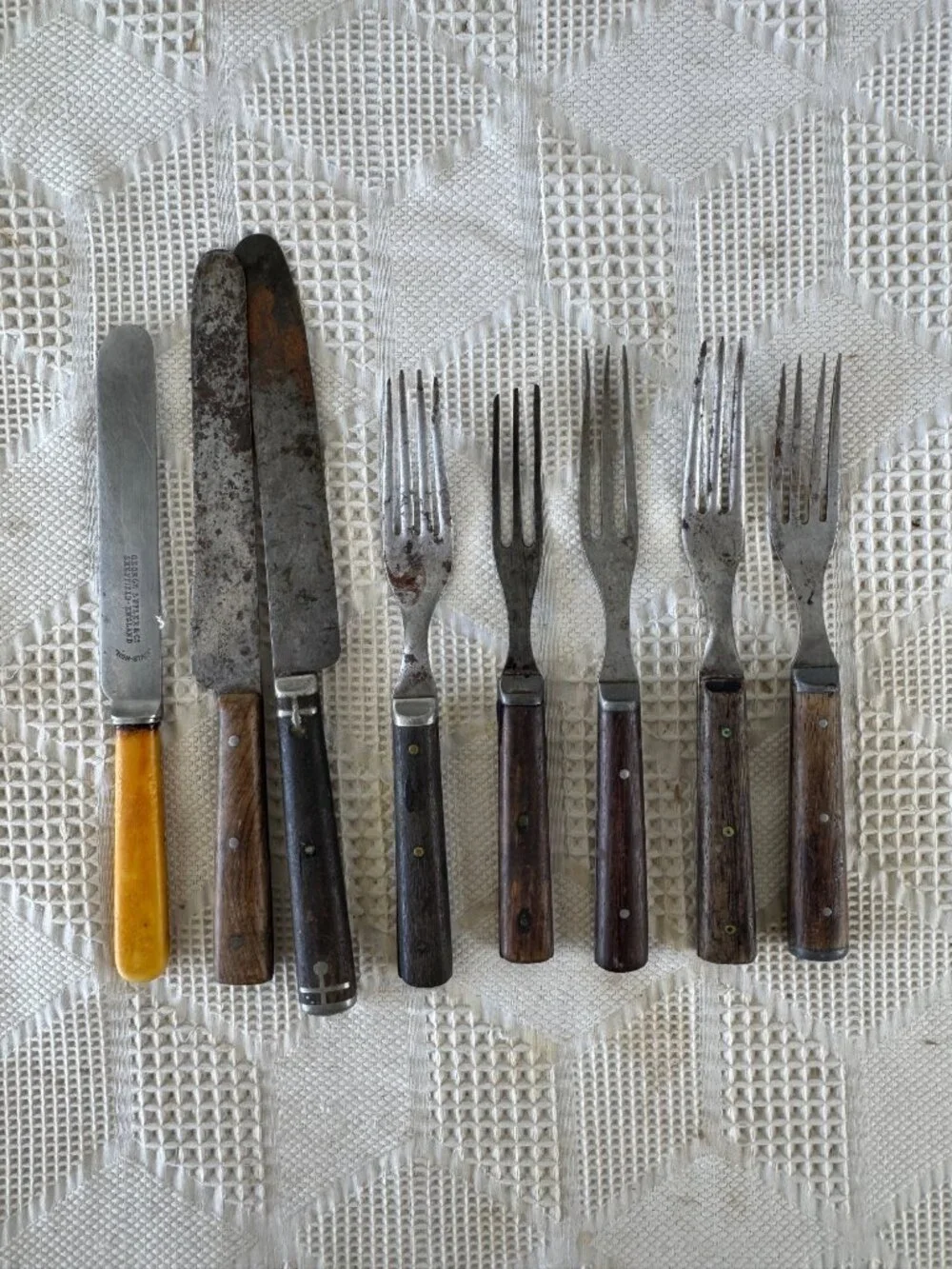 Set of 8 Antique Silverware with Wooden Handles and Steel Blades Forks 1800s